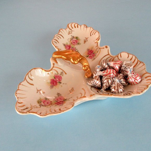 White porcelain gold trimmed 3 section candy or bon bon dish -lavender roses - Picture 9 of 10